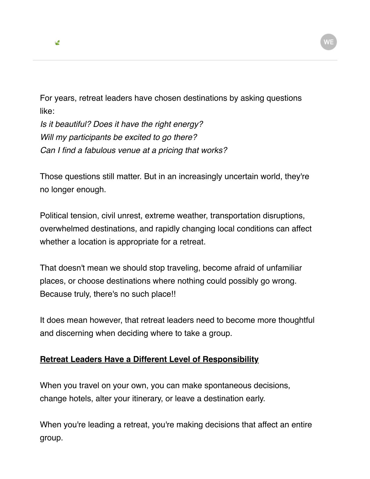 First page of the How to Choose a Retreat Destination in an Uncertain World email for Wanderlust Entrepreneur
