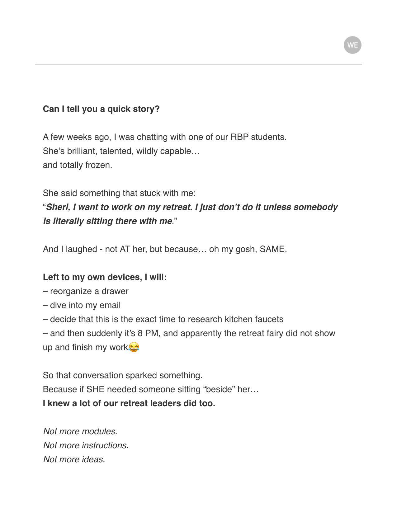 First page of the RBP · A Behind-the-Scenes Moment email for Wanderlust Entrepreneur