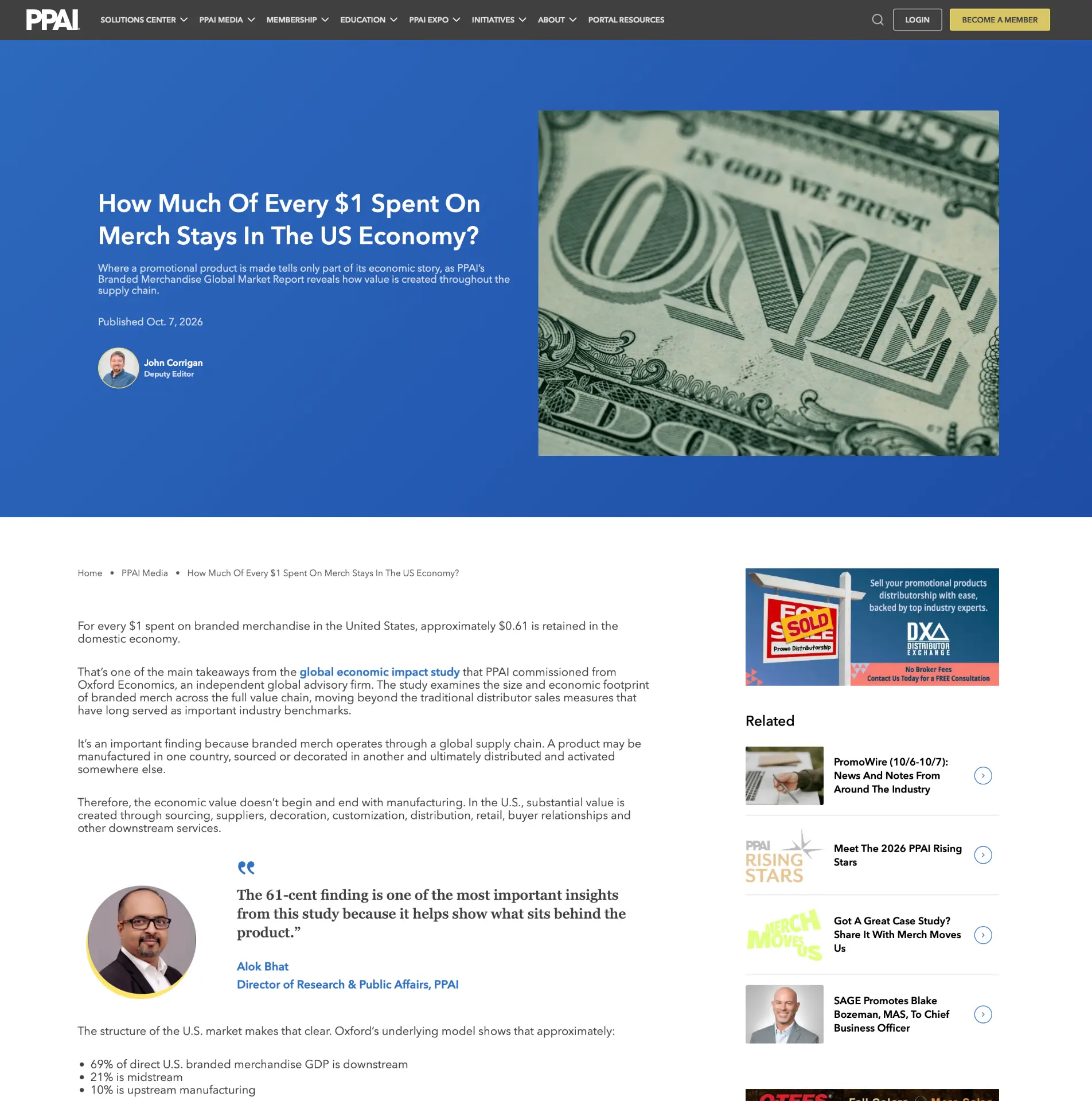 Redesigned PPAI Media article page with blue hero, byline, quote callout and related stories