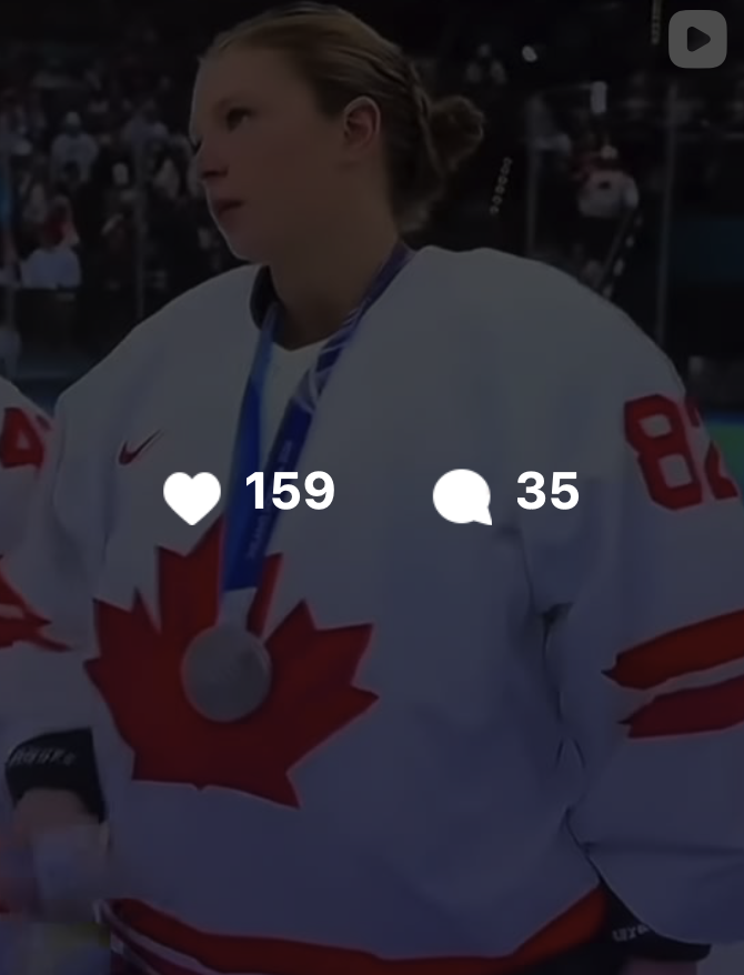 PPAI Instagram reel cover — a Canadian hockey player wearing a silver medal, with 159 likes and 35 comments shown on the post